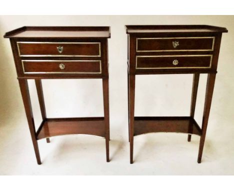 BEDSIDE/LAMP TABLES, a pair, 20th century French Directoire design each galleried with two drawers and undertier, 45cm x 73cm