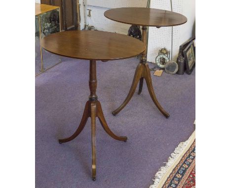 TRIPOD TABLES, a pair, Sheraton style mahogany and ebonised strung, each with oval tilt top, 75cm H x 61cm x 46cm. (2)