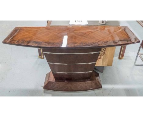 CONSOLE TABLE, Art Deco style burr wood banded top and mahogany with metal detail, 125cm x 45cm x 76cm H.