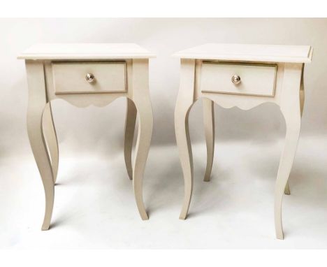 BEDSIDE/LAMP TABLES, a pair, French Louis XV style grey painted each with drawer and cabriole supports, 45cm x 66cm H x 45cm.