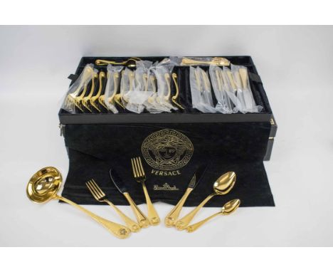 VERSACE BY ROSENTHAL, gold plated flatware canteen comprising of eight large forks, eight table knives, eight dessert forks, 