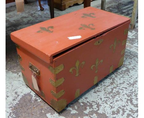 TRUNK, red and gilt painted 47cm H x 80cm x 43cm and one other 51cm H x 50cm x 49cm. (2) (with faults)