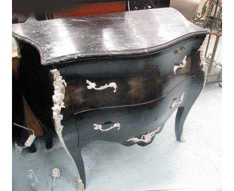 COMMODE, Louis XV style in black with two drawers and marble top, 100cm x 54cm x 84cm.