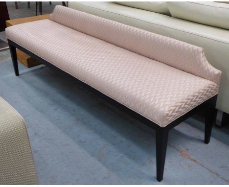BENCH, pink chevron upholstery on square tapering ebonised legs, 180cm x 50cm x 60cm.