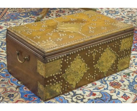 ZANZIBAR TRUNK, 19th century teak and brass studded of small size with hinged top and side handles, 27cm H x 60cm x 35cm.