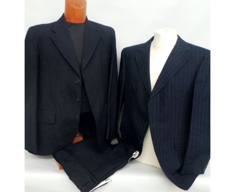 Two classic vintage navy pinstripe suits both Burton. A grey pinstripe jacket and waistcoat - jacket lining in need of repair
