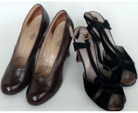 Pair of 1930's/40's brown leather day shoes made by Holmes of Norwich - nice condition approx size 5. A further pair of black
