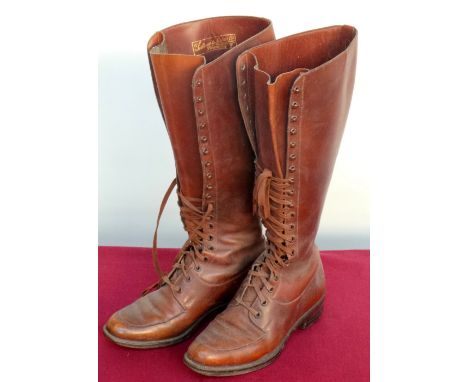 A pair of early vintage leather lace up to the knee riding boots made for Fortnum and Mason. Shaped and fitted leg, leather s