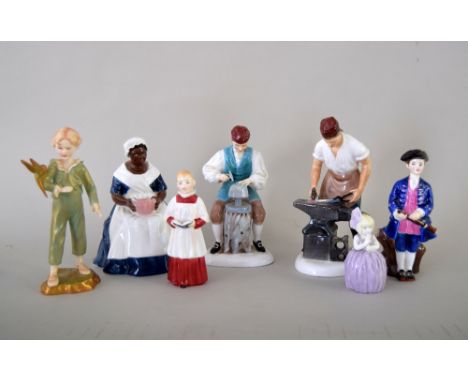 A collection of figures including five Royal Doulton 'Williamsburgh' series; 'Lady' 'Gentleman' 'The Governors Cook', 'The Si