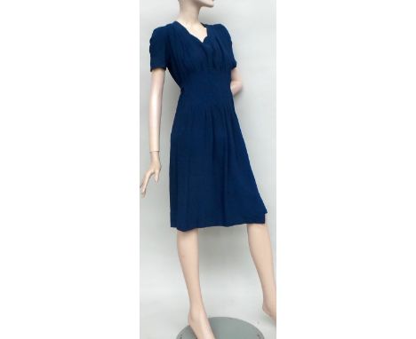 Selection 1930's and 1940's dresses - four in total and a wool crepe 30's lightweight coat. A navy fitted tafetta dress with 