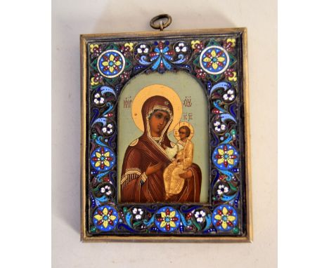 A 19th century Russian icon of Tikhvin Mother of God, silver gilt oklad and cloissone enamel, oil on zinc plate, 84 Zolotnik,