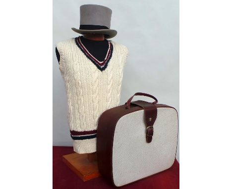 A grey Macqueen of London top hat size 7 fair condition. A hand knitted wool cricket jersey and a wool college scarf. All ite