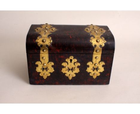 A Victorian simulated mulberry and gilt metal mounted tea caddy, rectangular with strap work hinges, containing two lidded co