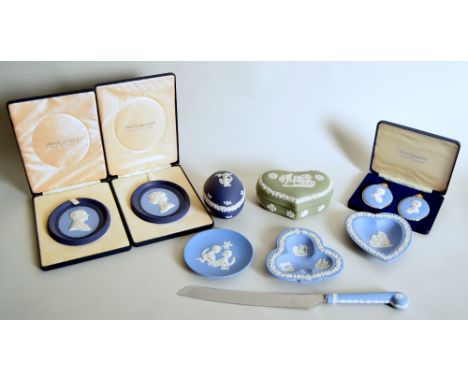 A collection of jasperware including a limited edition cased Royal Wedding Collection 1981 pair of blue and white Portrait Mi