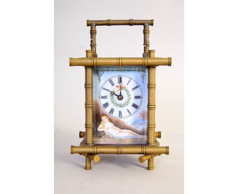 A French faux bamboo design carriage clock, the front and side porcelain panels painted with classical scenes of nude ladies,