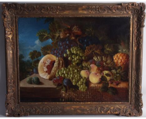 George Lance (1802-1864) Still Life of Fruit on a Ledge including grapes, plums, melons, pineapples and peaches, oil on canva