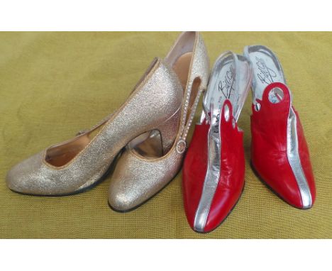 A pair of vintage red and silver leather Bill Gibb shoes made by Rayne - stylish and unusual. A further pair of sparkly gold 