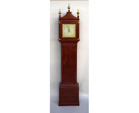 A George III longcase clock, painted metal dial with Arabic numerals and date aperture, in mahogany effect pine case with gil