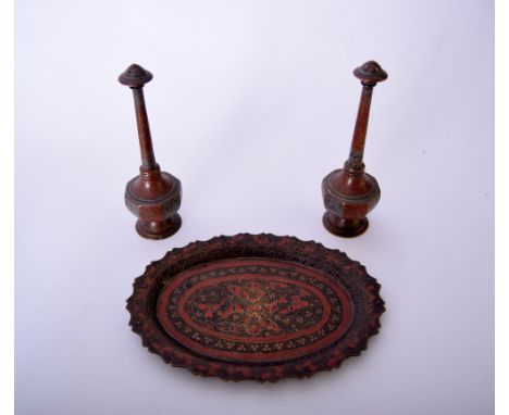 A pair of Islamic copper and enamel rose water sprinklers, 14.5cmH, with a brass and enamel tray, the reverse engraved IZI, 1