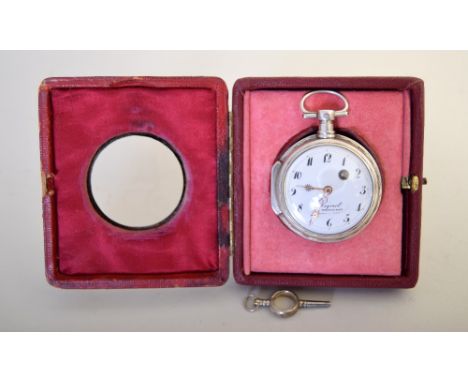 A 19th century French silver pocket watch, signed Riquet A Maintenon, enamel dial with Arabic numerals, with a silver travel 