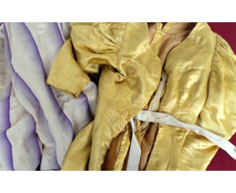 A Victorian lilac and cream  silk skirt, a yellow satin fitted jacket - early 1800s and labelled 'Edwin & Bellars Costumier, 