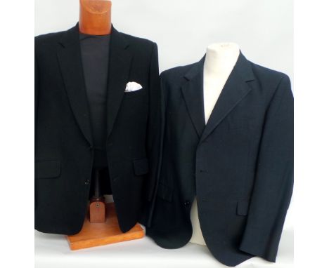 A grey Burton suit - jacket lining needs repair, a Mos Bros wool jacket and two vintage black waistcoats. (5)