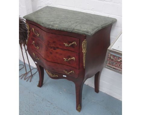 SMALL BOMBE COMMODE, with three drawers below, with marble top, 62cm x 36cm x 73cm H.