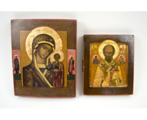 ICONS, two, mother of God and St. Nicholas, both painted on wooden panel, 22cm H x 18cm and 17.5cm H x 14.75cm respectively. 