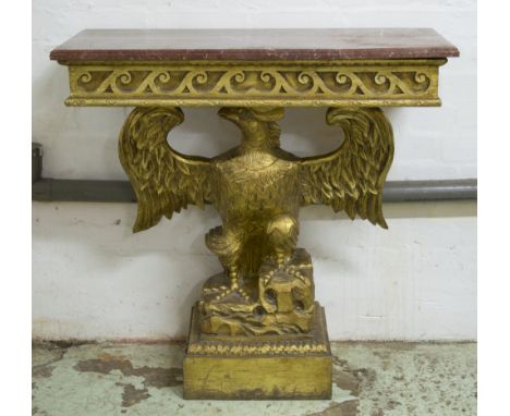 CONSOLE TABLE, Regency style giltwood with rouge marble top on eagle support, 82cm H x 84cm W x 38cm D. (marble repaired)