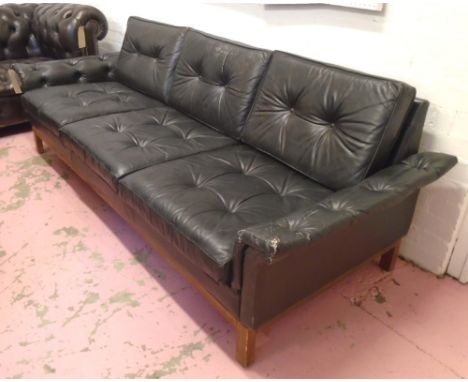 SOFA, 1970's Continental beechwood in black buttoned leather with seat and back cushions, 79cm x 67cm H x 206cm. (with faults