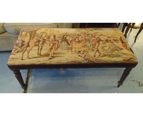 STOOL, part 19th century mahogany with tapestry style Spanish figurative scene and leather upholstery, 99cm W x 47cm D.