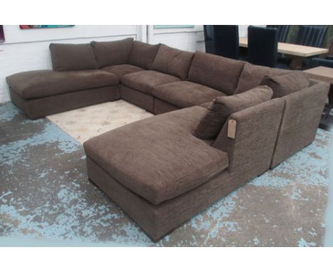 MODULAR CORNER SOFA, of large proportions, bespoke made, upholstered in brown fabric, 370cm x 245cm D x 92cm H. (with faults)