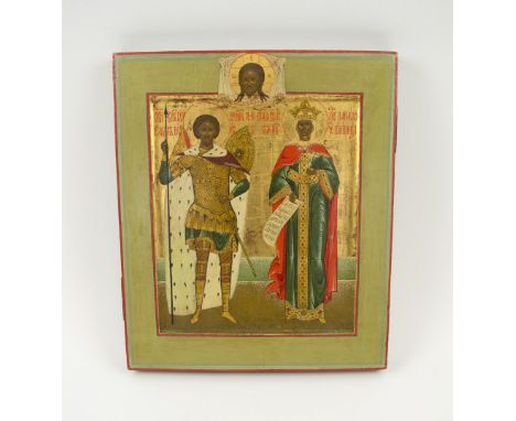 ICON, 19th century painted on wooden panel depicting two figures, possibly Sts Constantine and Elena, 31cm H x 26.5cm.