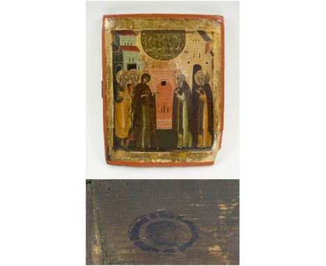 ICON, possibly 18th century, on wooden panel, depicting mother of God and saintly figures, indistinct stamp to back, 30cm H x