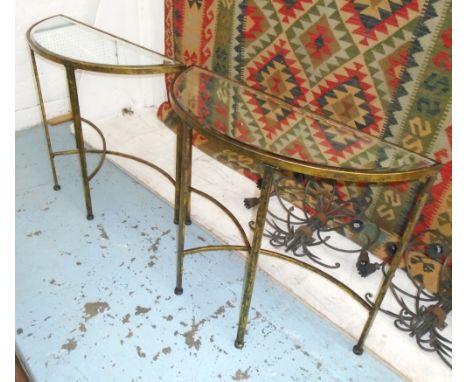 DEMI LUNE CONSOLE TABLES, a pair, gilt metal, each with bevelled mirror top and 'x' stretches, 89cm x 34cm x 75cm H. (2)