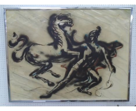 20th CENTURY SCHOOL, 'Bucephalus led by Alexander the Great', oil on lacquered panel, 122cm x 92cm, framed.