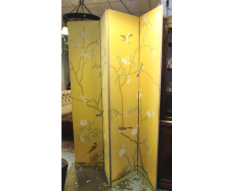 SCREENS, a pair, each two fold, with Chinese wallpaper depicting birds and plants on one side, green upholstered, patterned s