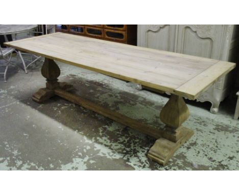 REFECTORY TABLE, vintage reclaimed pine rectangular planked and cleated substantial stretchered pedestal supports, 247cm x 82