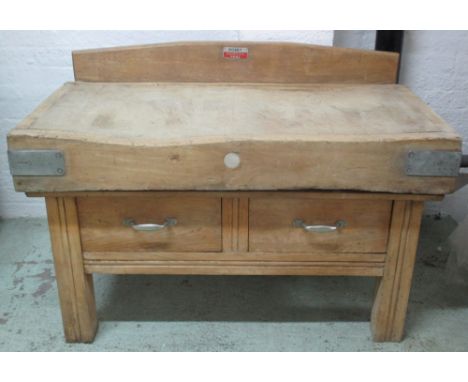 BUTCHERS BLOCK, vintage end grain beech and iron bound with upstand and two drawer base, 119cm W x 85cm H x 74cm, by Robby 'H