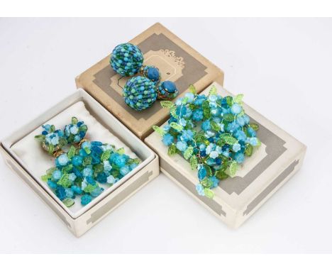 A Christian Dior pair of 1966 sphere earrings, with blue glass cabochon clips, supporting blue and green spheres, together wi