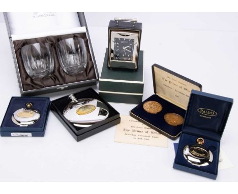 Four modern boxed items from Dalvey and two further boxed items, including a carriage clock, hipflask, compass and clock, als