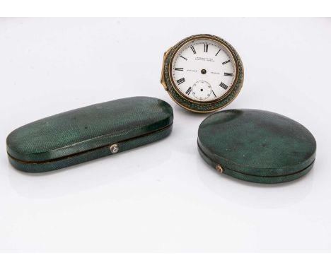 Two Georgian green boxes and a Victorian shagreen cased pocket watch, one oblong patch box with mirror to interior, 9.8cm, an