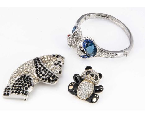 Two unboxed Butler and Wilson jewels, two Panda brooches and an unmarked Cobra hinged bangle (3)