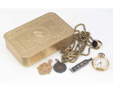 A collection of 19th and early 20th century jewels, including an open faced continental fob watch, dated 1896 and marked 18k,
