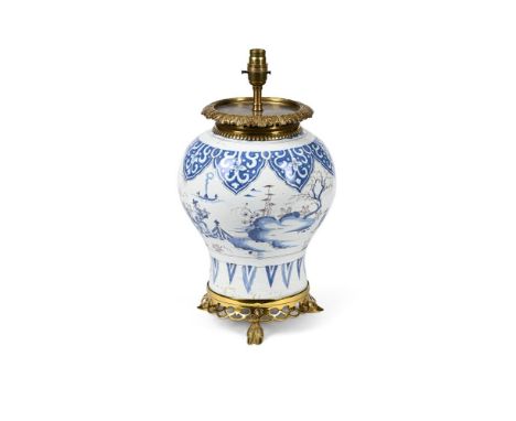 A DUTCH DELFT BLUE AND WHITE VASE, LATER CONVERTED TO A LAMP CIRCA 1700 Painted in the Transitional style in underglaze blue 