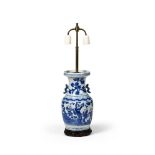 A CHINESE BLUE AND WHITE TWO-HANDLED VASE ADAPTED AS A LAMP, LATE QING DYNASTY