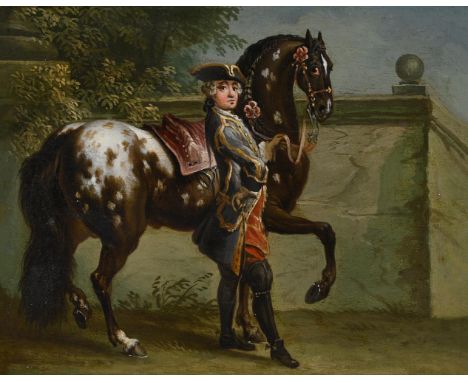 CIRCLE OF JOHANN ELIAS RIDINGER (GERMAN 1698 - 1767) EQUESTRIAN PAINTINGS OF A HORSE AND PAGE Oil on panel, a pair, in carved