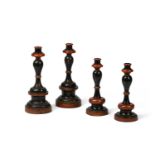 TWO PAIRS OF POLYCHROME PAINTED TURNED WOODEN CANDLESTICKS, EARLY 20TH CENTURY