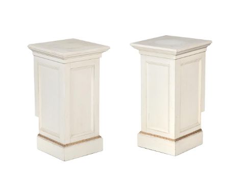 A PAIR OF WHITE PAINTED PLINTHS  MODERN One with secret compartment to the rear  each 71cm high, 38cm wide, 38cm deep(This lo