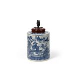 A CHINESE BLUE AND WHITE CYLINDRICAL VASE ADAPTED AS A LAMP, QING DYNASTY